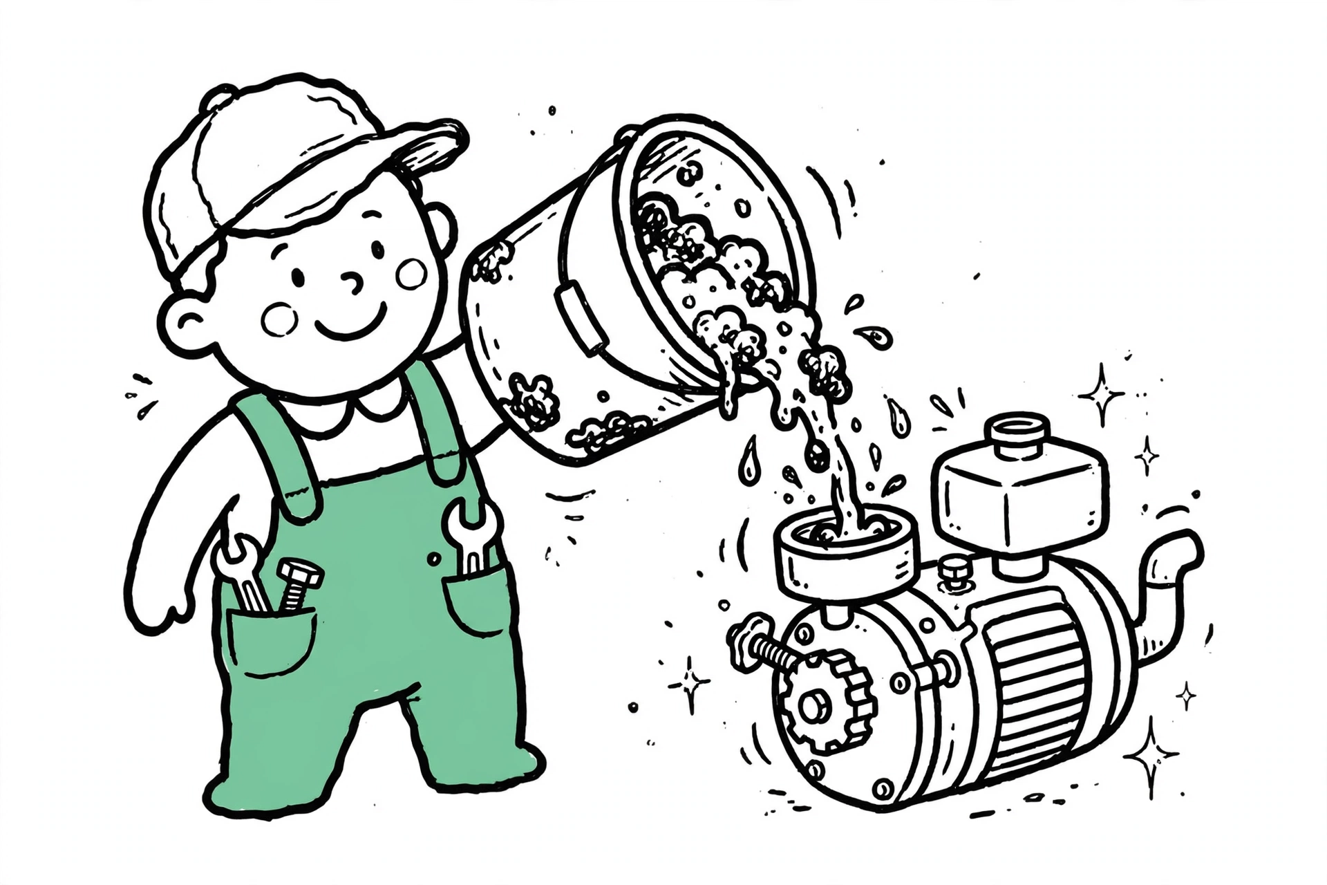 A friendly doodle mechanic pouring muddy, contaminated fuel into a shiny, well-built engine
