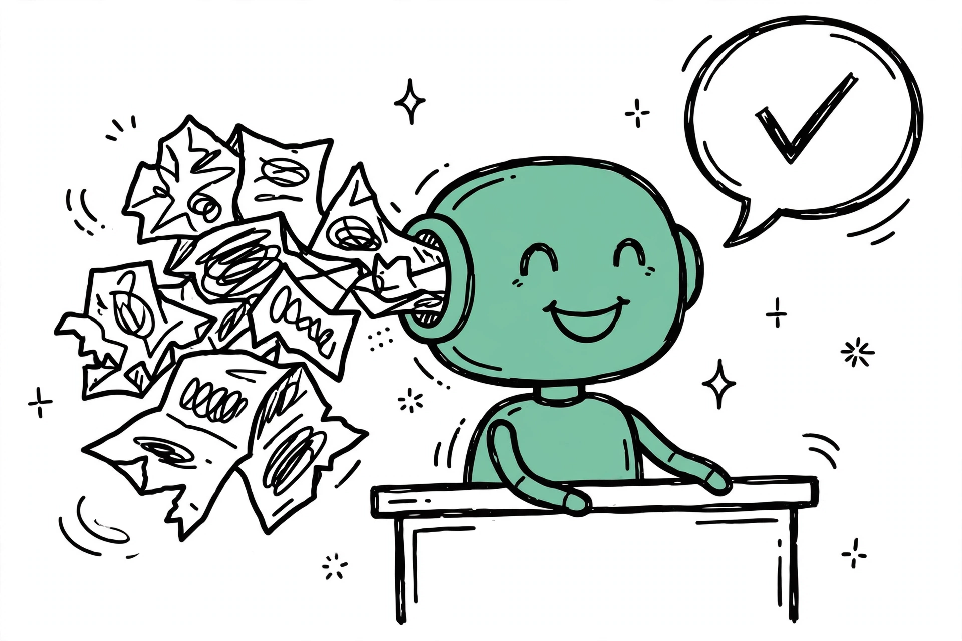 A friendly doodle robot confidently answering while messy, crumpled papers feed into it