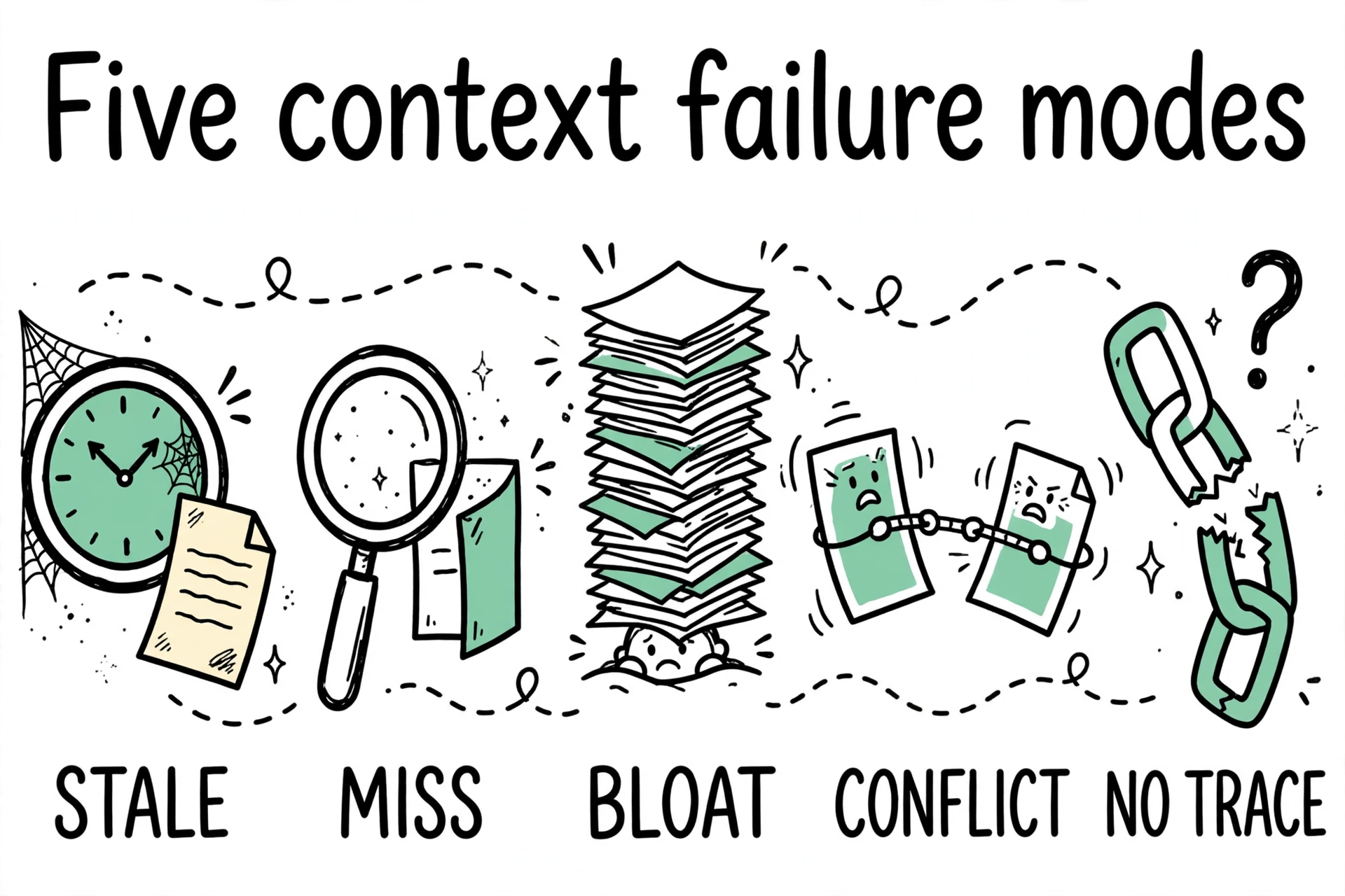 Diagram of the five context failure modes — stale, miss, bloat, conflict, no trace — as hand-drawn doodle icons